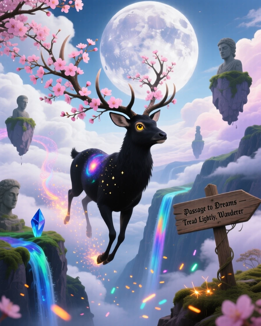 A stag with branches of blooming cherry blossoms for antlers drifts weightlessly through a canyon of soft clouds, while tiny sparks of light trail behind its every step.