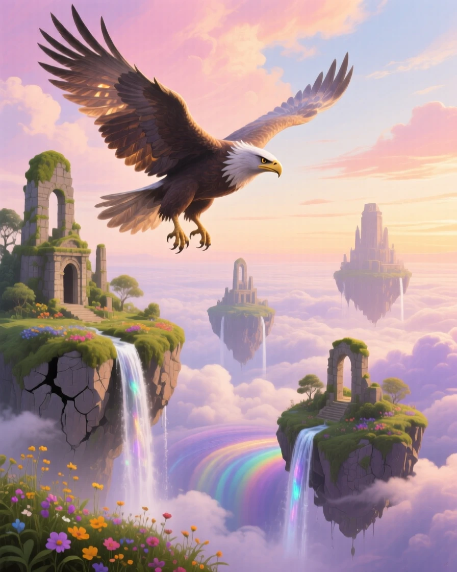 A griffin soars above a floating island chain suspended in a pastel sky, waterfalls cascading off the edges into the clouds below, the setting suggesting centuries of untold stories embedded in every weathered surface.