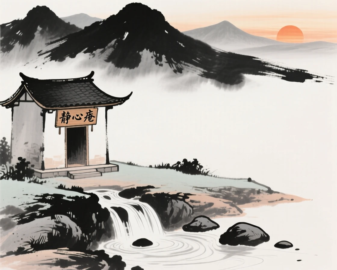 A small mountain shrine stands beside a trickling spring, as evening light glows behind distant peaks.