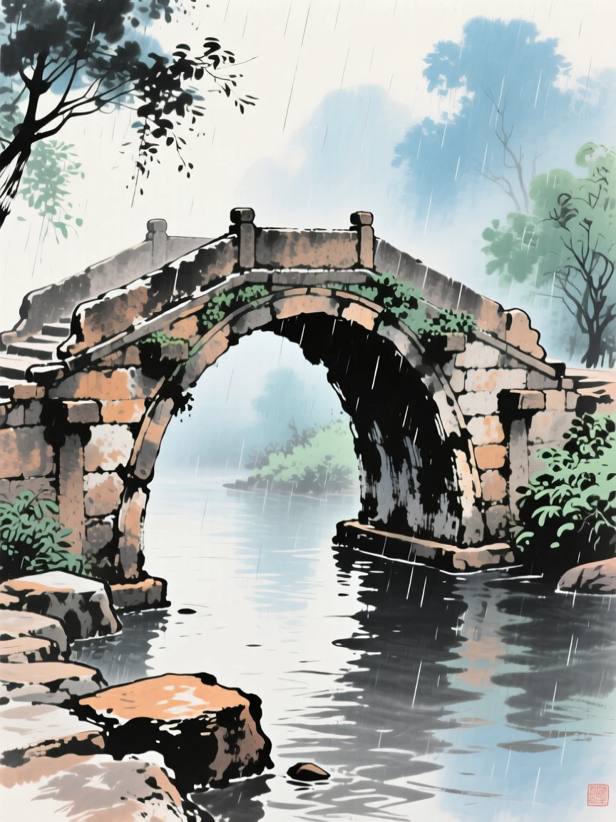 An ancient stone bridge worn smooth by centuries of footsteps, just after a rain shower, through a light drifting mist, in the height of summer.