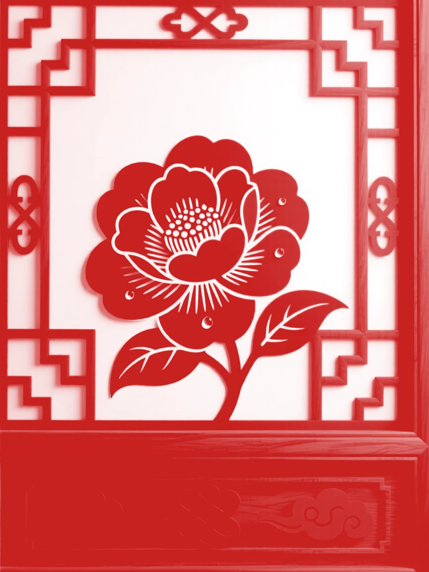 A camellia blossom resting on a carved wooden windowsill, with dew still clinging to each petal.