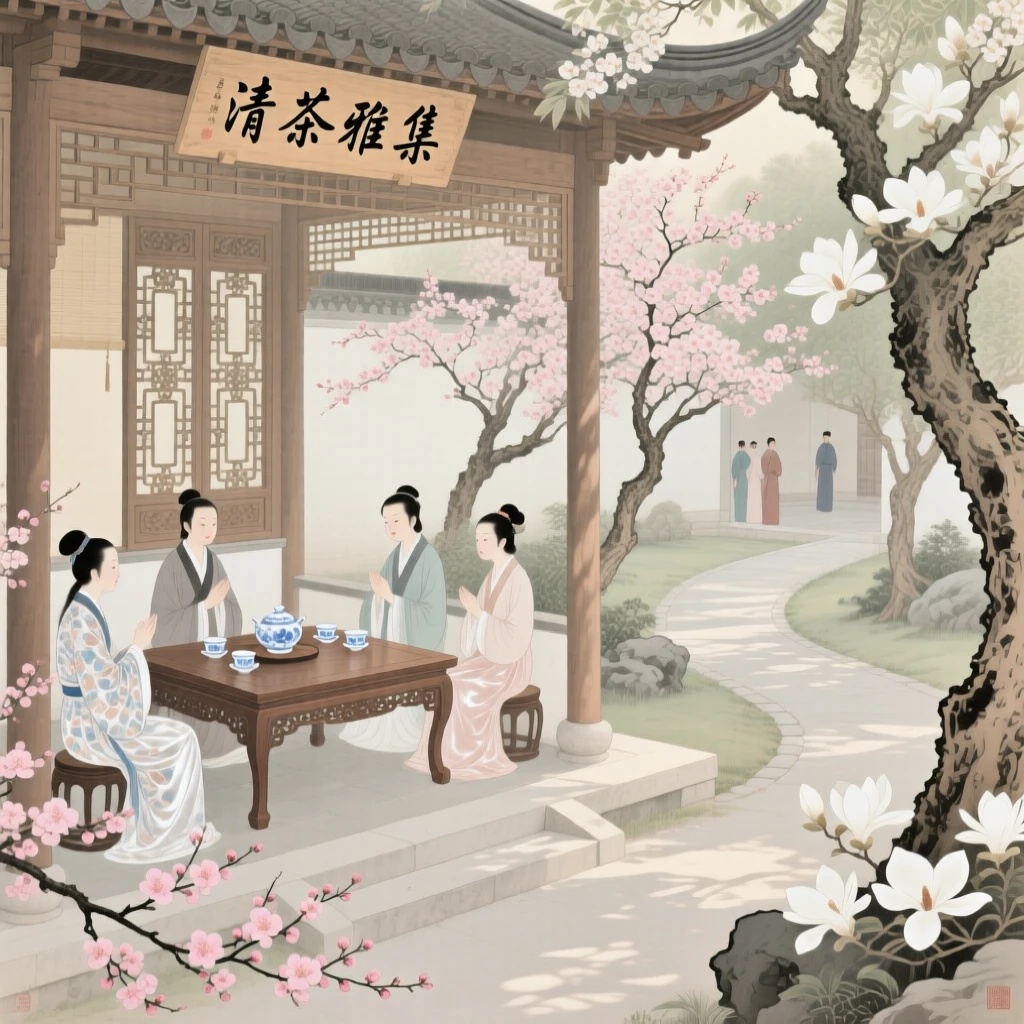 A tea ceremony performed for honored guests in a garden pavilion, framed by blossoming trees along the street