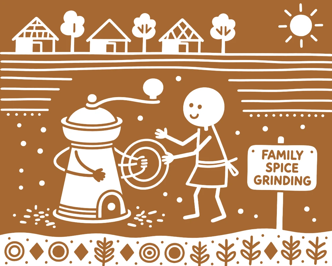 A spice grinder teaching a young apprentice the family trade.