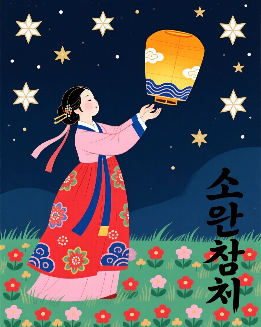 A noblewoman releasing a paper lantern into the night sky to make a wish.