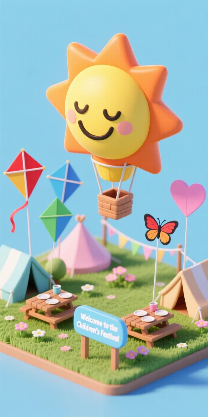 A hot air balloon shaped like a smiling sun drifting over a children's festival, colorful kites flying below on the ground.