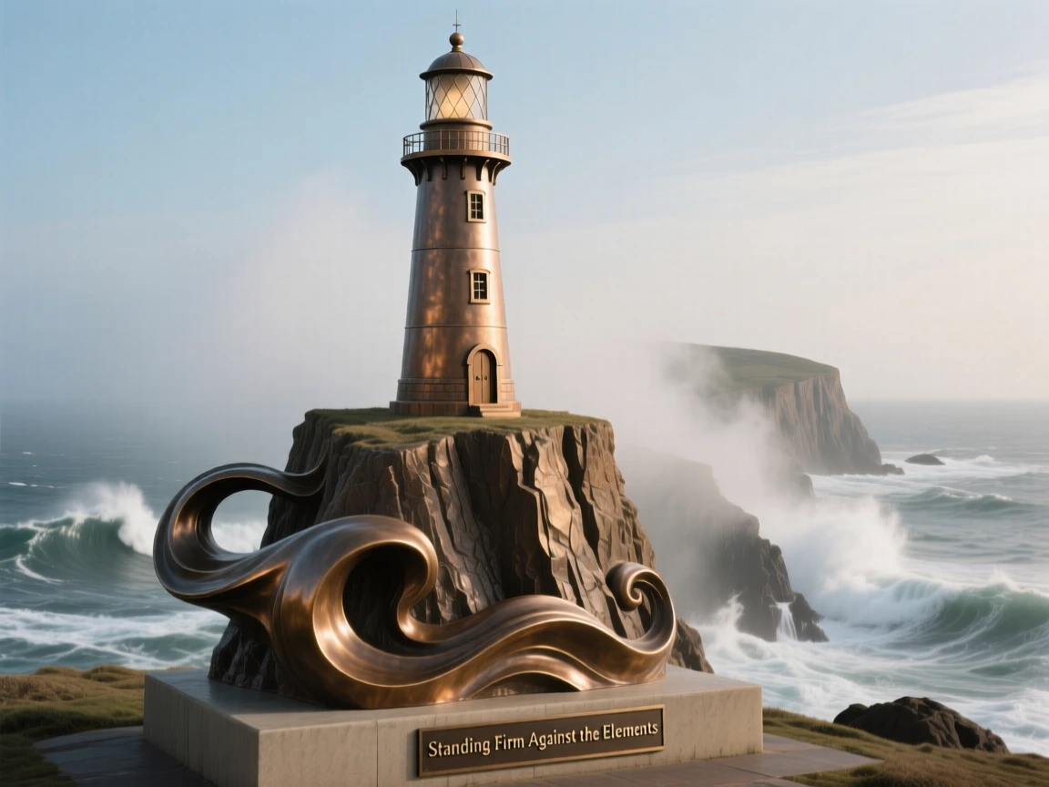 A dramatic sea cliff with a lighthouse standing firm, with soft mist adding a dreamlike quality, offering a breathtaking sense of place