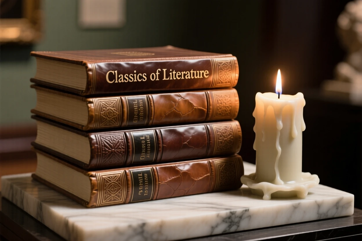 An elegant close-up study of a stack of leather-bound books beside a candle, composed with warm, dramatic lighting