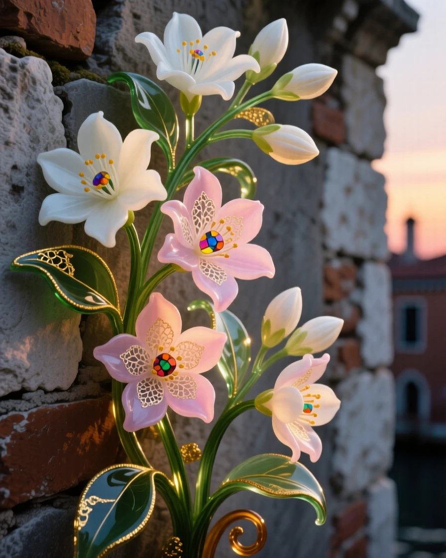 A cluster of jasmine blossoms climbing an old stone wall at dusk, fragrant and romantic.