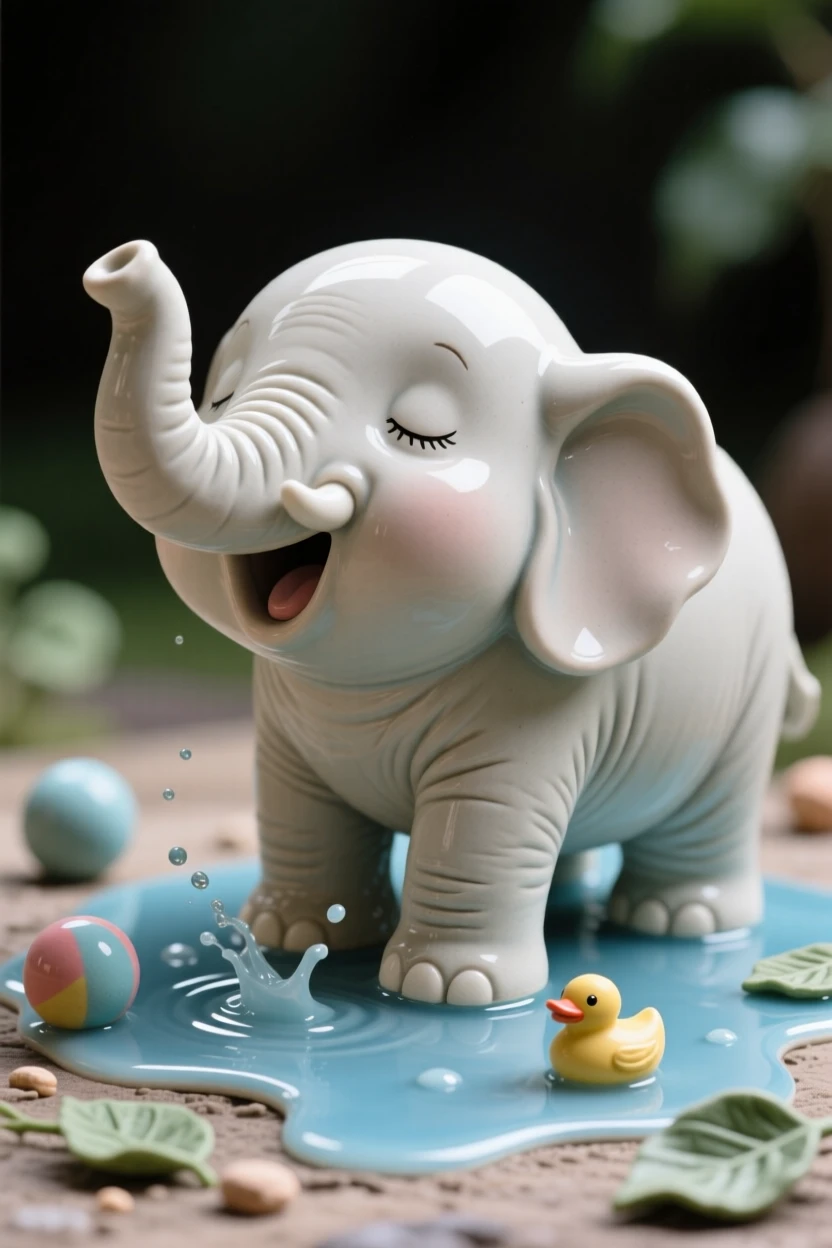 A chubby baby elephant splashing in a puddle captured mid-yawn in a sleepy, sweet moment, framed by a scattering of small playful props, capturing a moment of pure childlike delight.