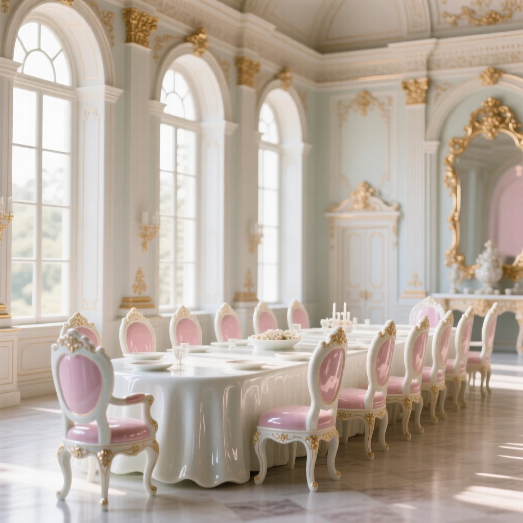 The ornate interior of a royal banquet hall, tall arched windows filling the space with light.