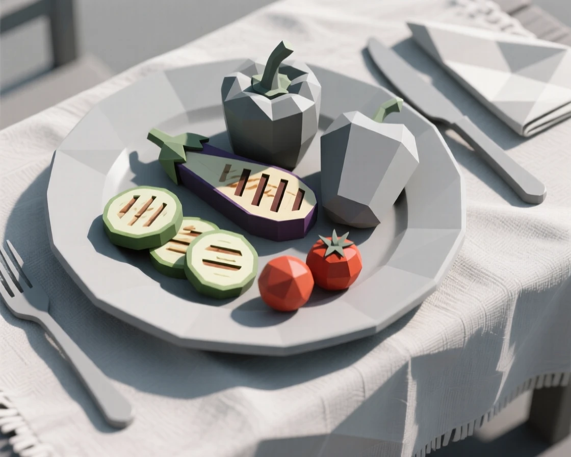 A platter of grilled summer vegetables, on a linen tablecloth set for breakfast. the composition is framed from a pleasing overhead angle. The mood is fresh and appetizing.
