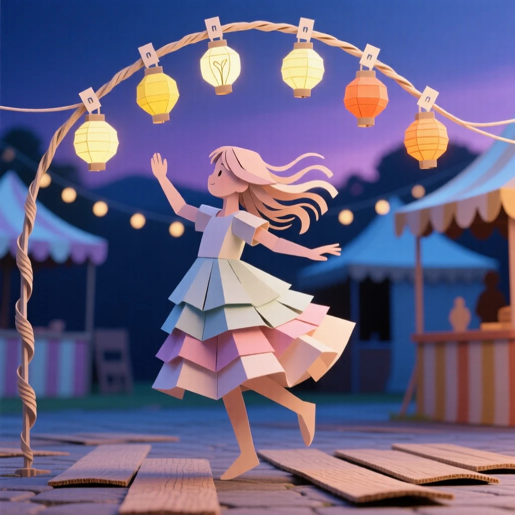 A young girl dancing beneath string lights at an evening festival, with a light breeze catching loose hair and fabric, capturing carefree, memorable joy.