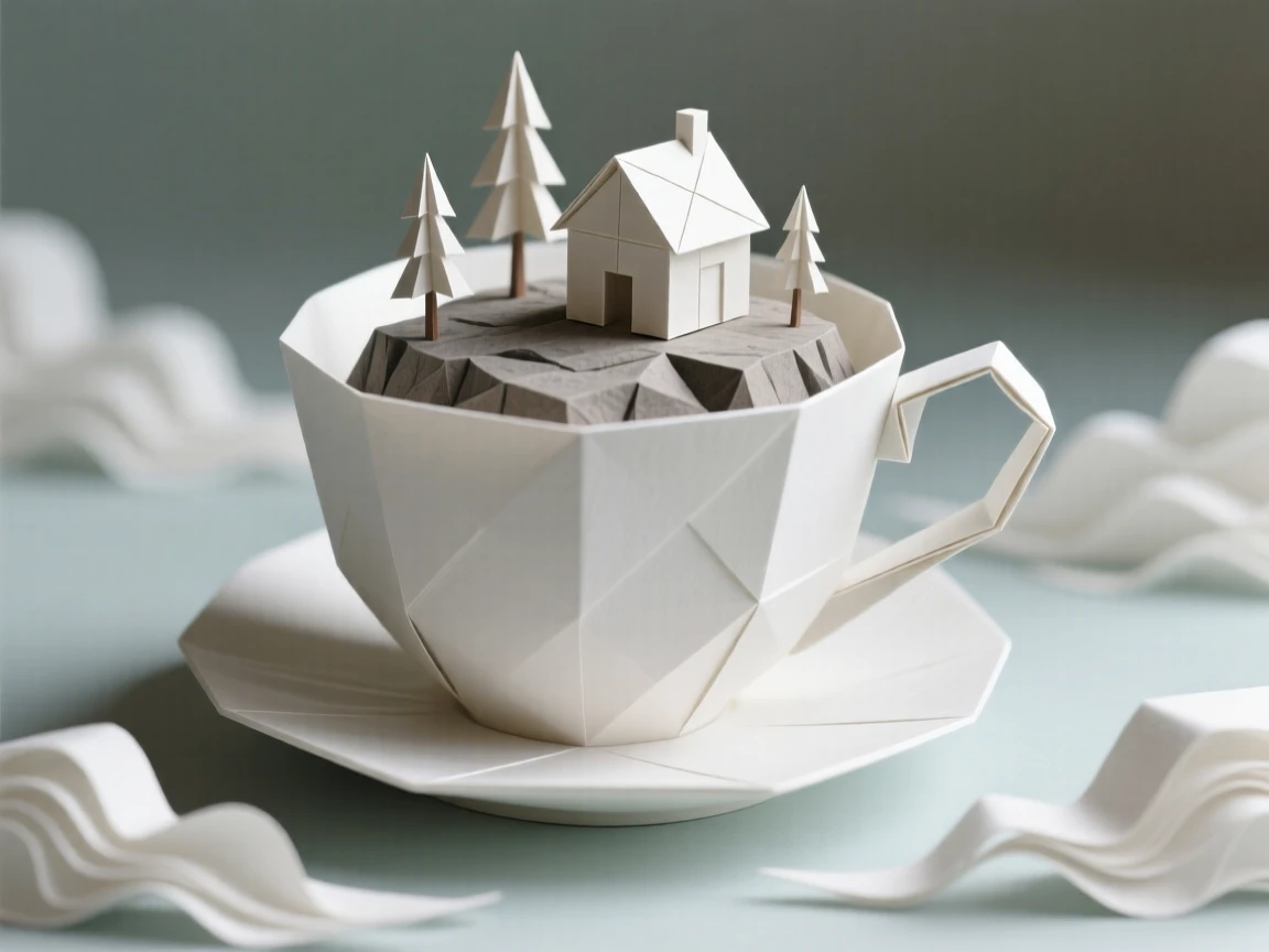 A floating island shaped like a teacup drifting gently above a sea of clouds.