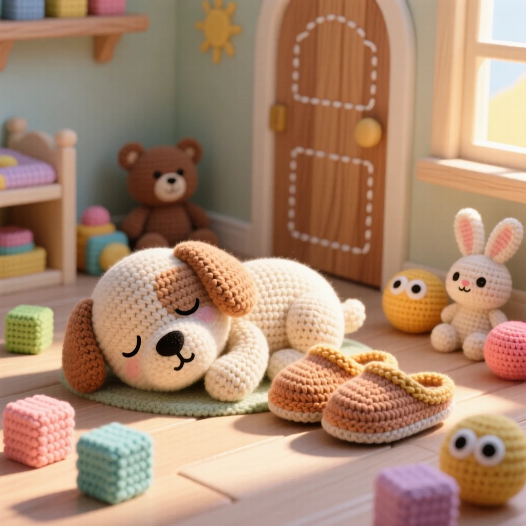 a sleepy puppy curled beside a pair of slippers, with a soft contented sigh, is shown napping in a warm sunbeam by the door within a tidy playroom scattered with soft toys beside a scattering of colorful toy blocks, capturing soft nostalgic coziness.