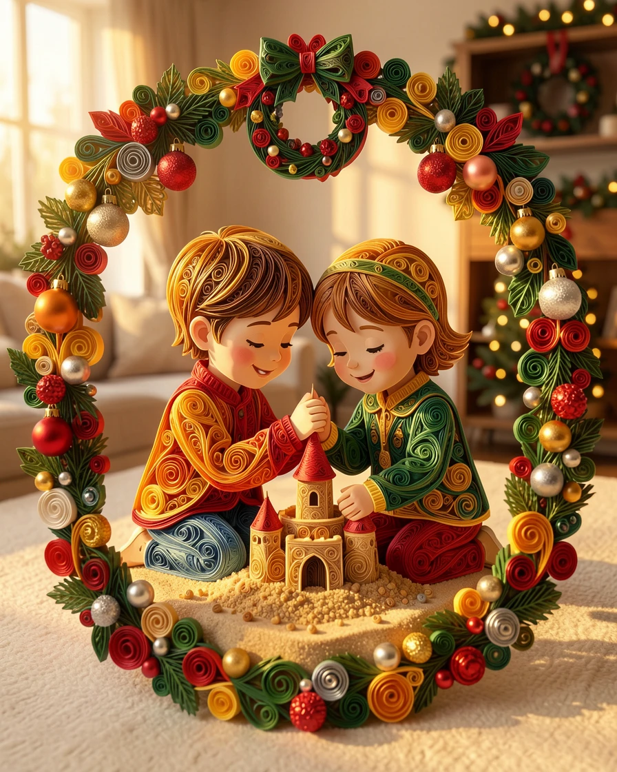 A heartwarming moment of two siblings building a sandcastle together at the beach in a softly lit living room decorated for the holidays, bathed in warm golden hour light, composed with the subjects gently embracing at the center.