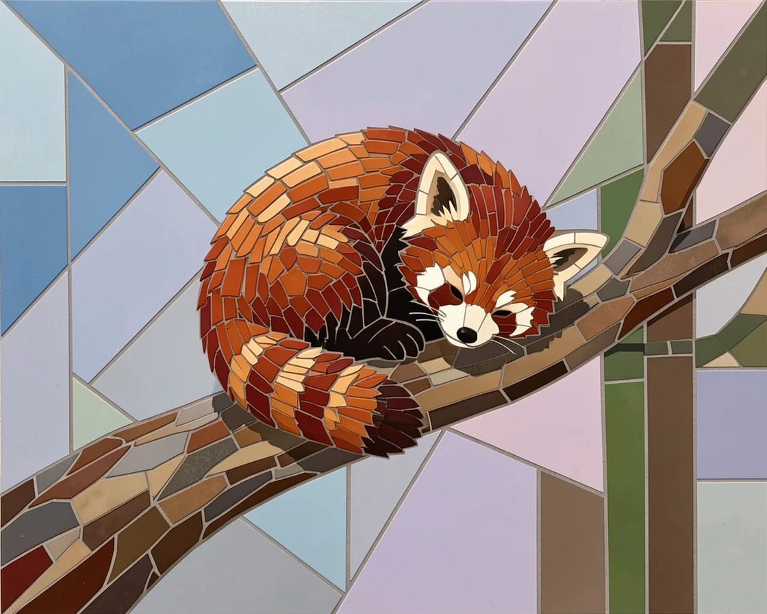 A red panda curled up asleep in a tree fork.