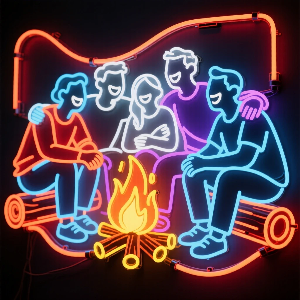 A tightly knit group of friends laughing together around a campfire.