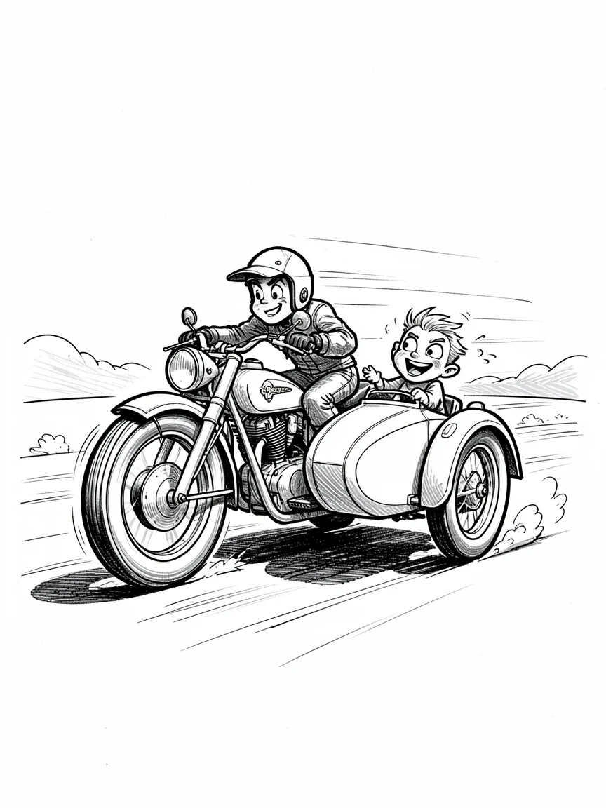 A vintage motorcycle with a sidecar racing down a sunlit track.