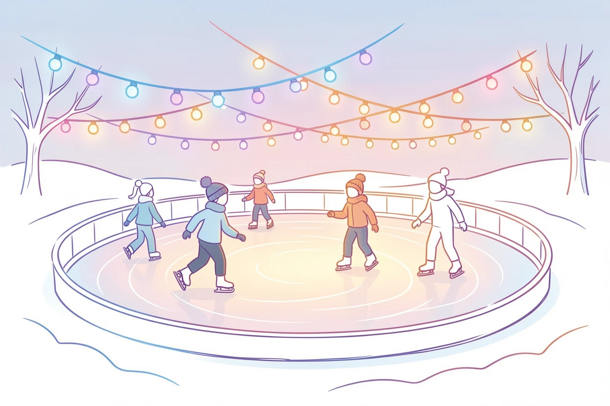 A winter ice skating rink glowing beneath string lights at dusk.