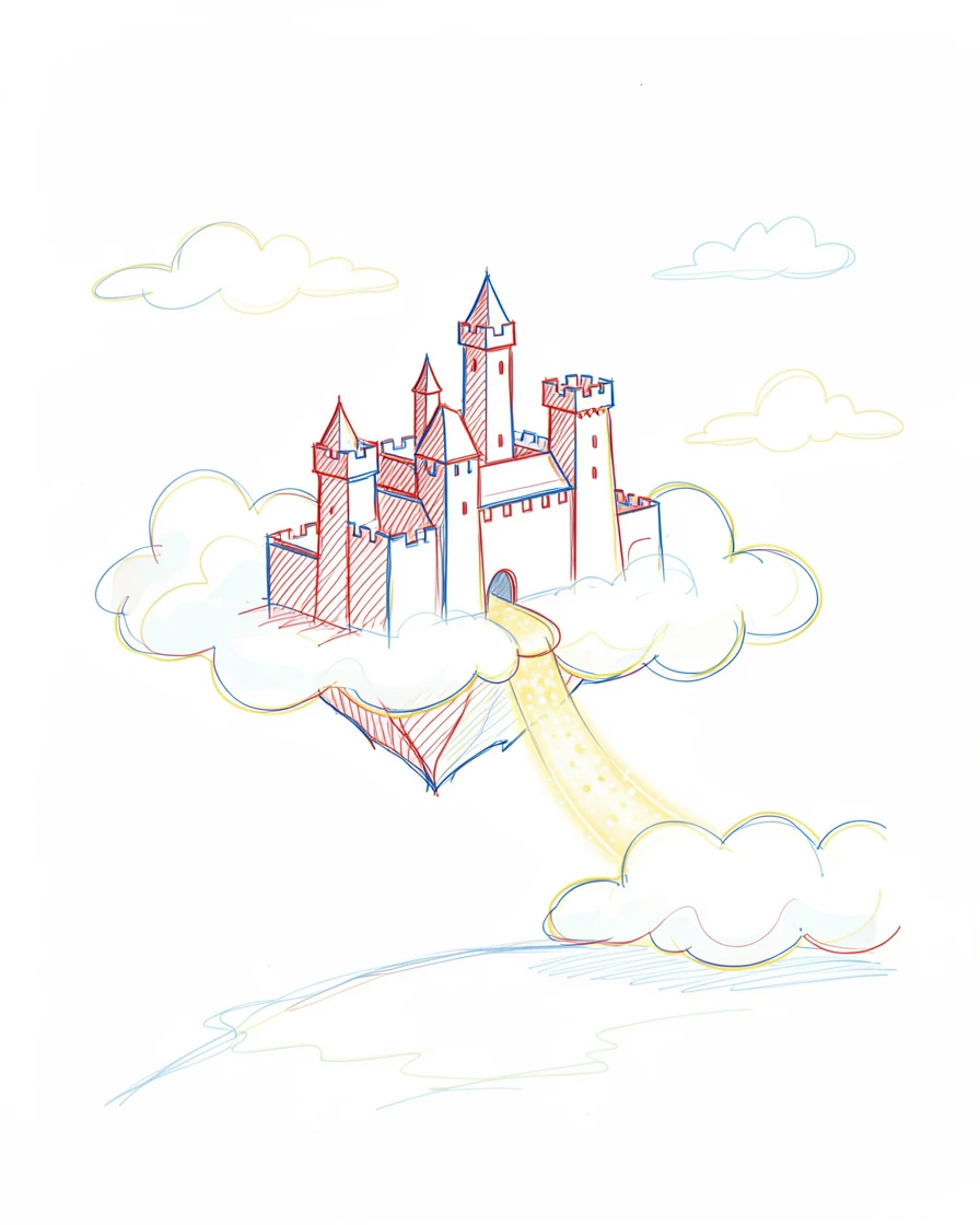 A castle floating among the clouds, connected by a shimmering bridge of light