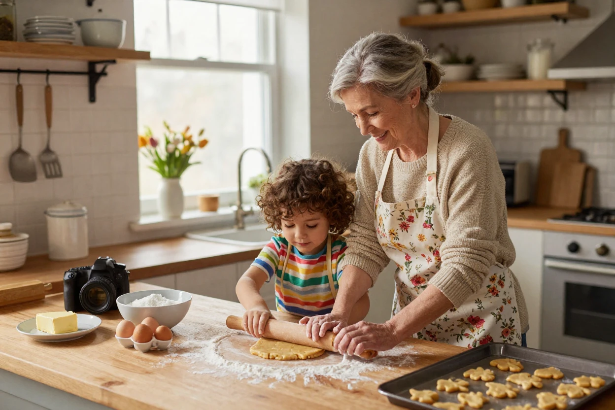 A grandmother and grandchild baking cookies together