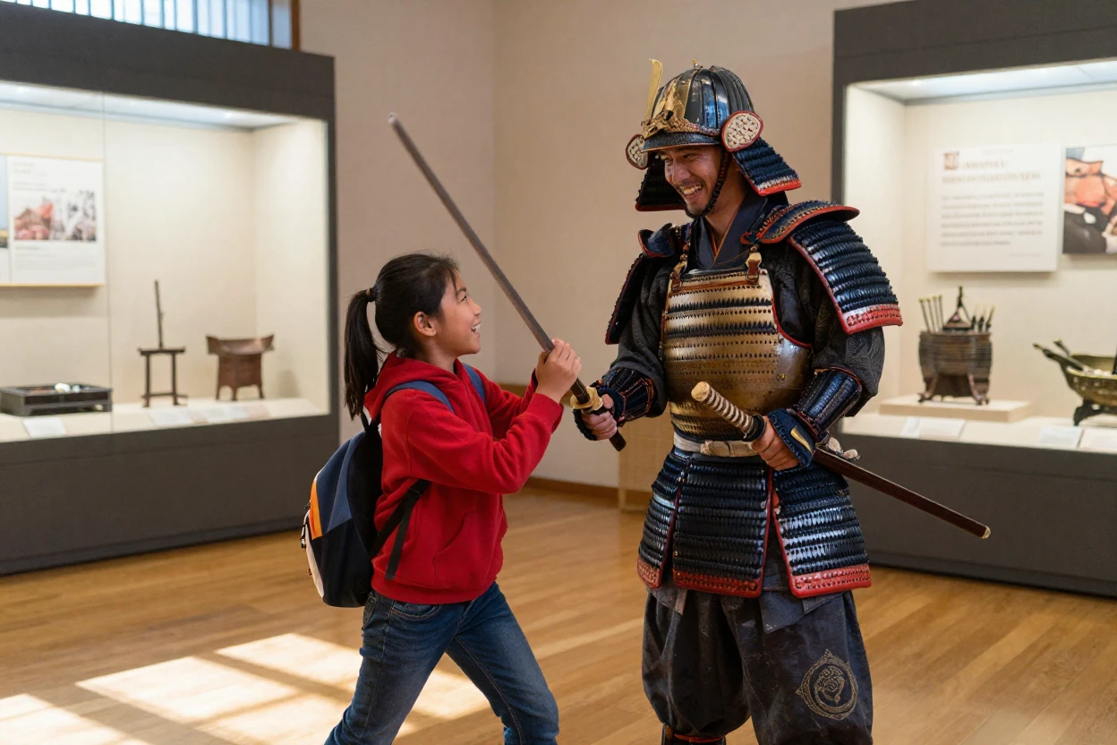 A samurai reenactor and a modern schoolchild share a laugh over sword-fighting stances at a museum demo.