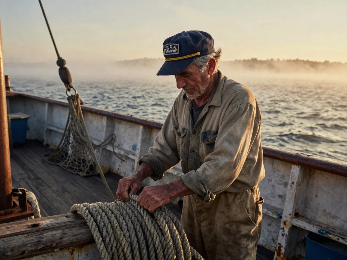 An old sailor with a weathered face coiling rope on the deck of his fishing boat
