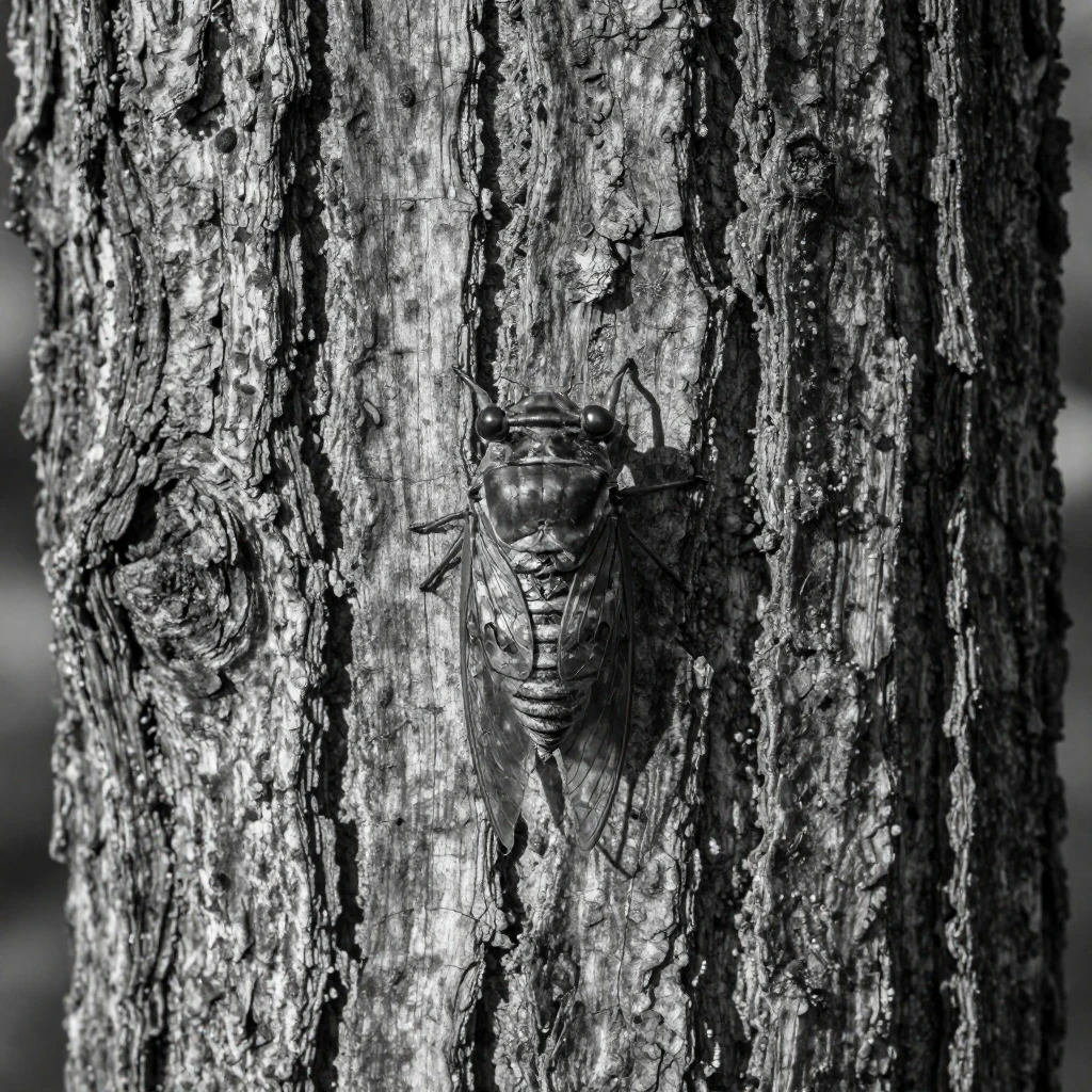 A cicada clings to the bark of an old tree on a weathered oak trunk.