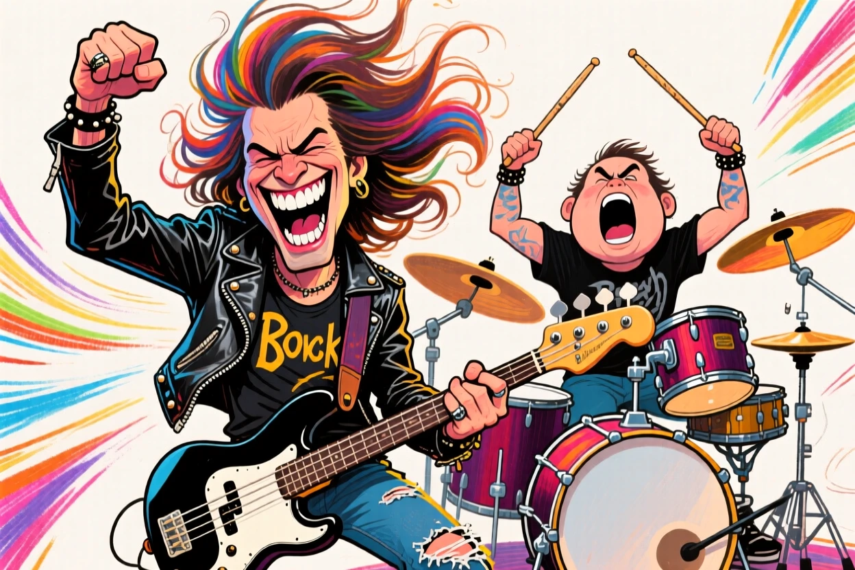 A rock band's bassist headbanging in sync with the drummer behind him.