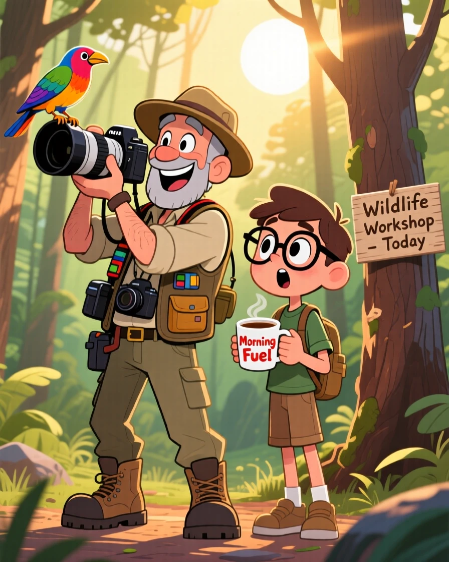 A vibrant profession-themed portrait of a passionate wildlife photographer training a wide-eyed new recruit, at the crack of dawn with coffee in hand.