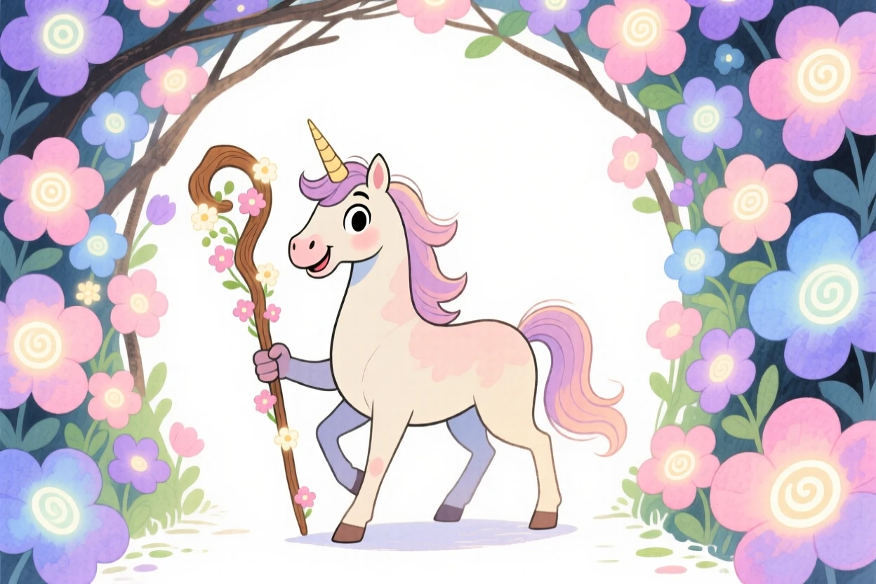 A centaur guardian walking through a tunnel of blooming glowing flowers
