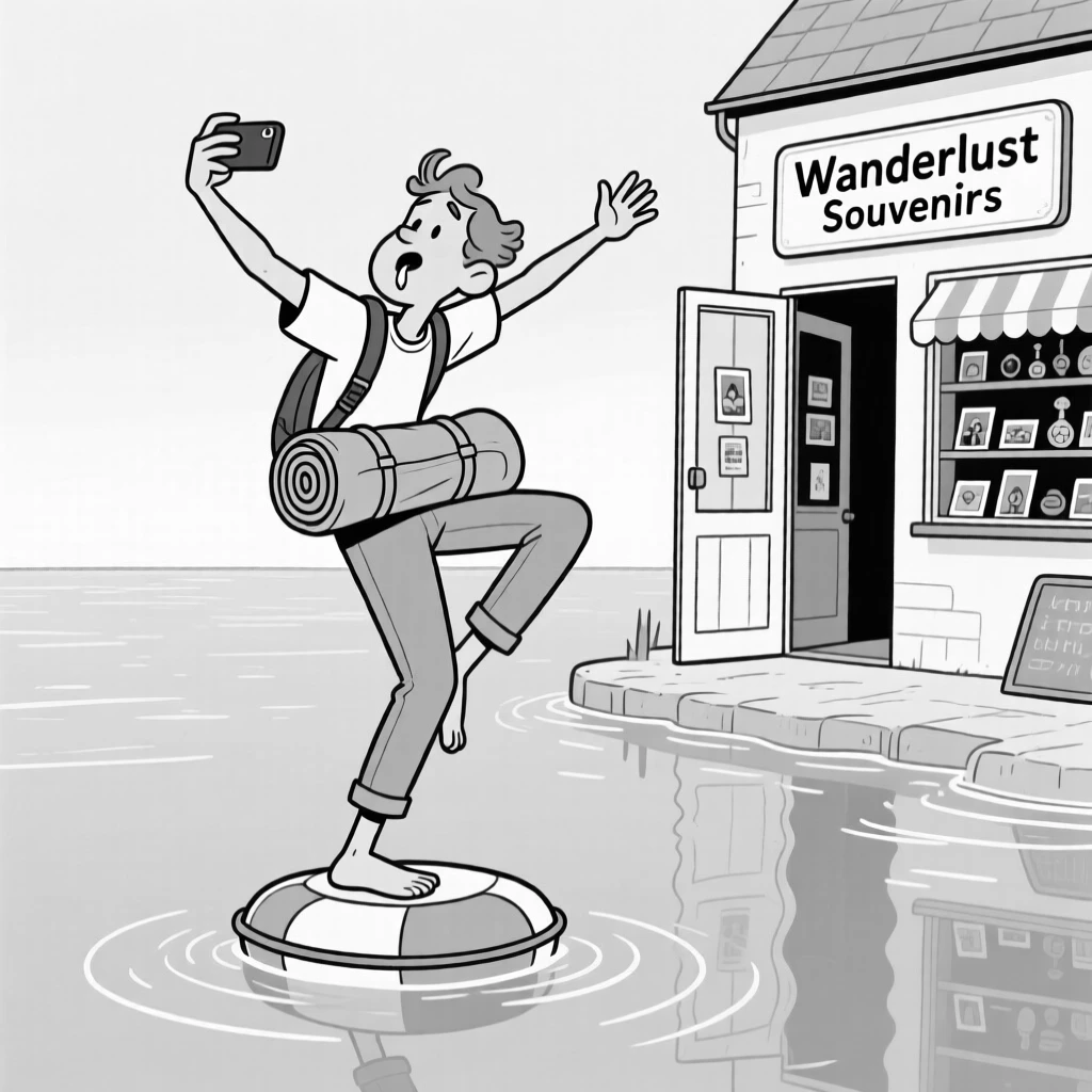 A tourist balancing precariously for a tilted-tower photo, drooling slightly onto a rolled-up jacket, set floating on a calm, glassy lake. A tiny souvenir shop peeks around the corner. It radiates wanderlust and the fun of getting a little lost.