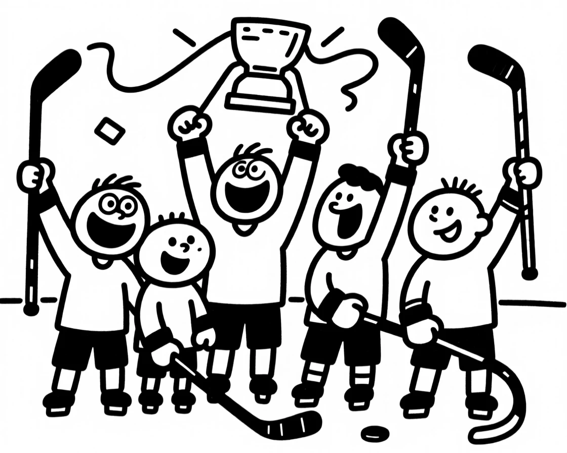 A hockey team celebrating a championship win, sticks raised in the air.