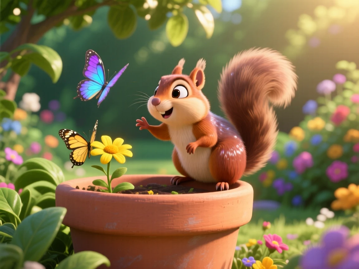 A chipmunk with full cheeks is perched on the edge of a flower pot, chasing a fluttering butterfly. The scene feels warm and heartwarming, with a small butterfly resting nearby.