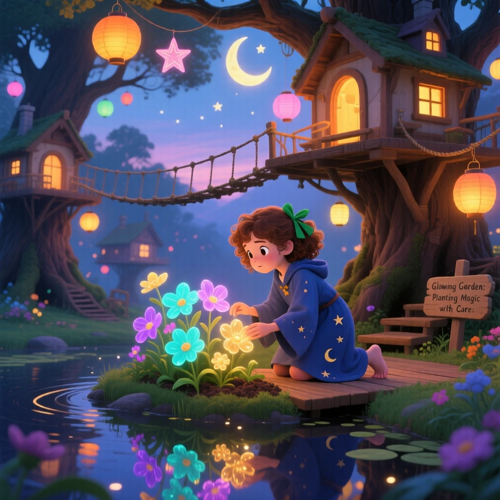 In a treehouse village strung with lanterns, a young wizard apprentice discovers a moment of wonder while planting a garden of glowing flowers, as reflections shimmer on the still water.