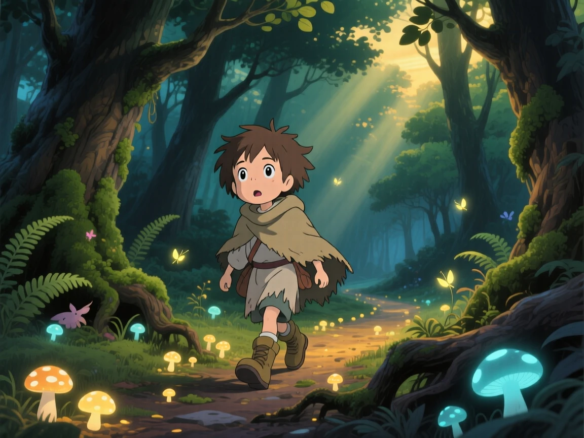 A young explorer following a trail of glowing mushrooms through a forest, the moment thrilling and full of wonder.