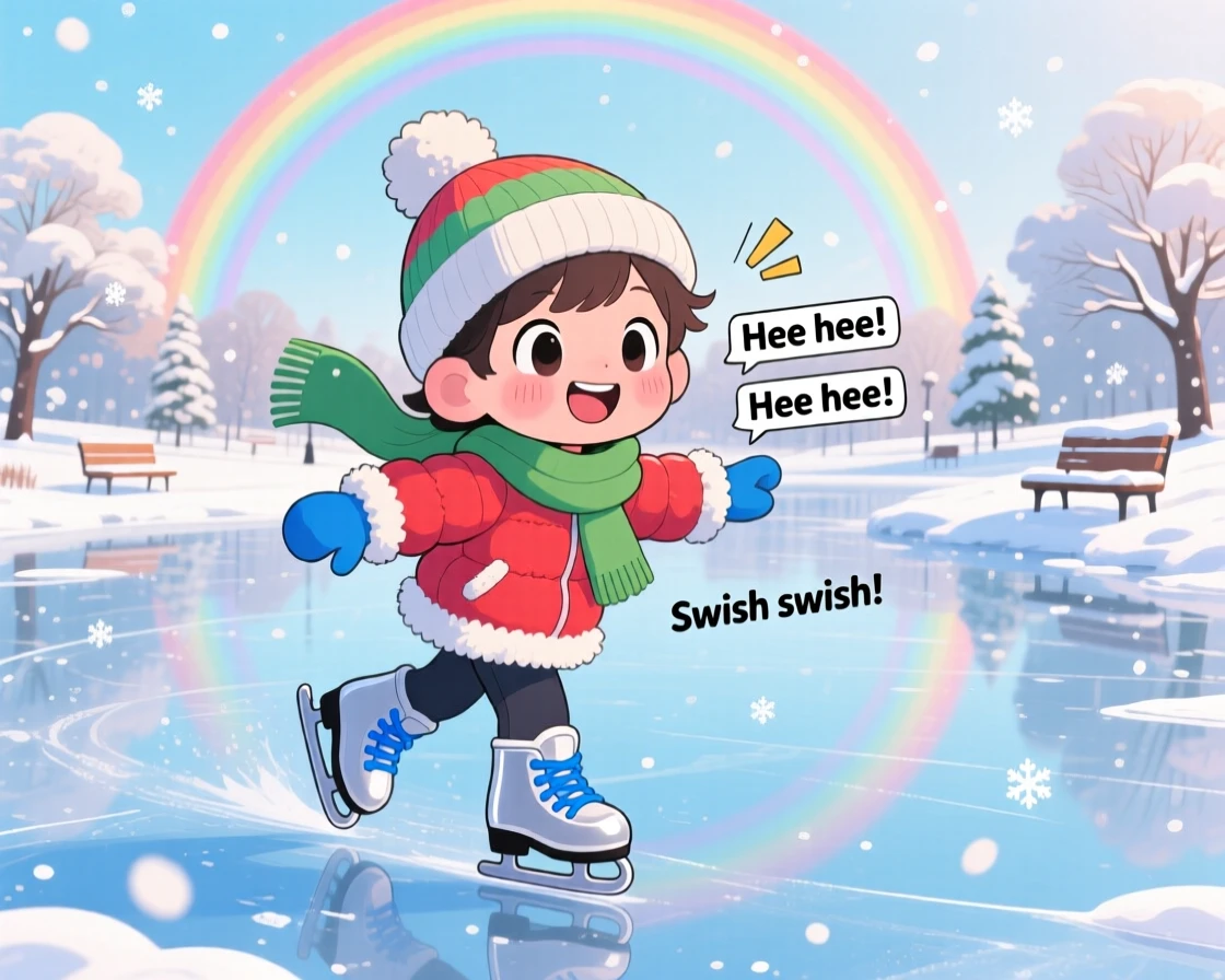 A child ice skater gliding gracefully across a frozen pond in a snowy winter park under a rainbow after the rain; bright rainbow-tinted light washes over the scene as giggling amusement fills the moment. Wide establishing shot.