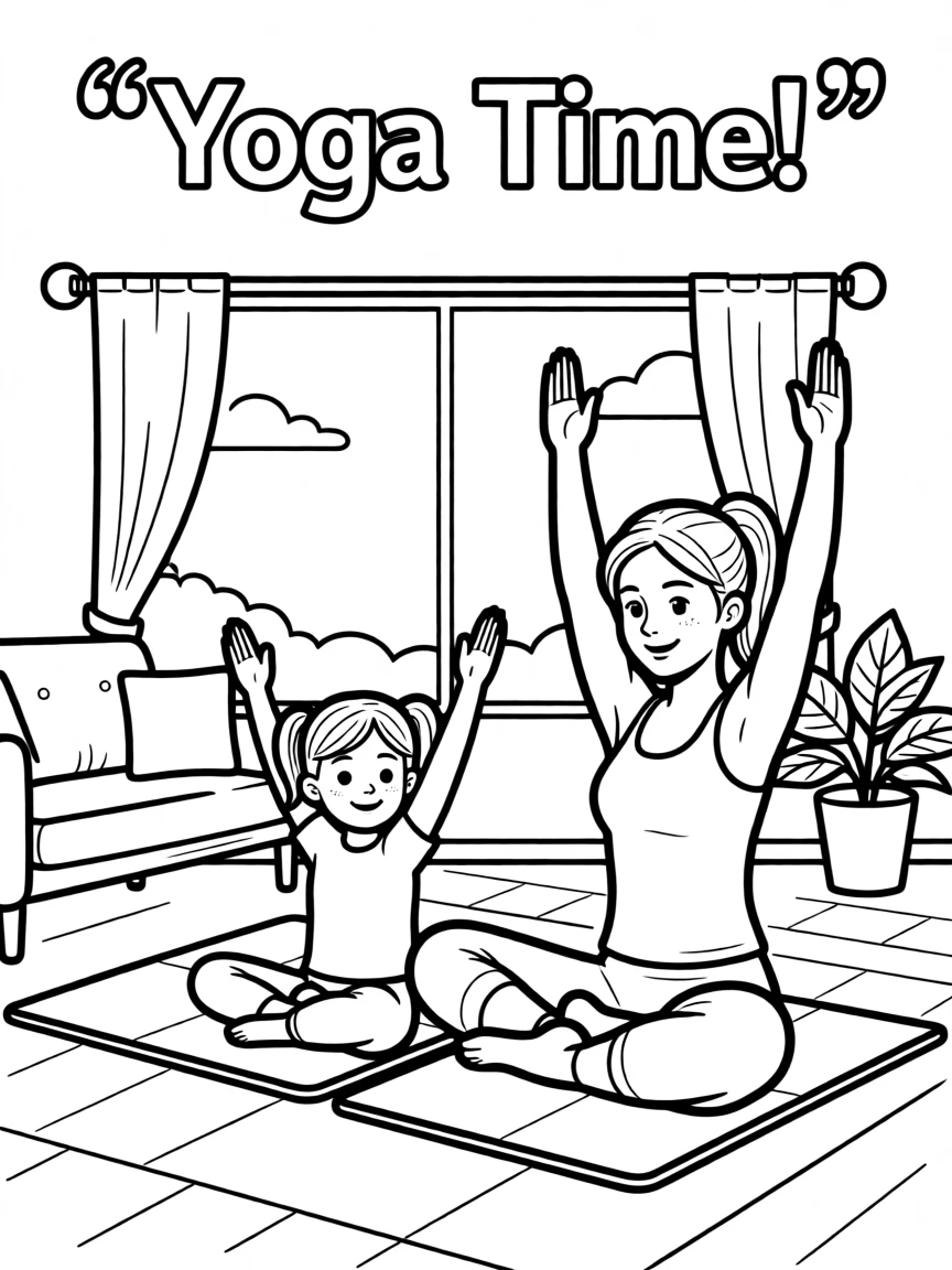 A mother and child doing yoga together in the living room
