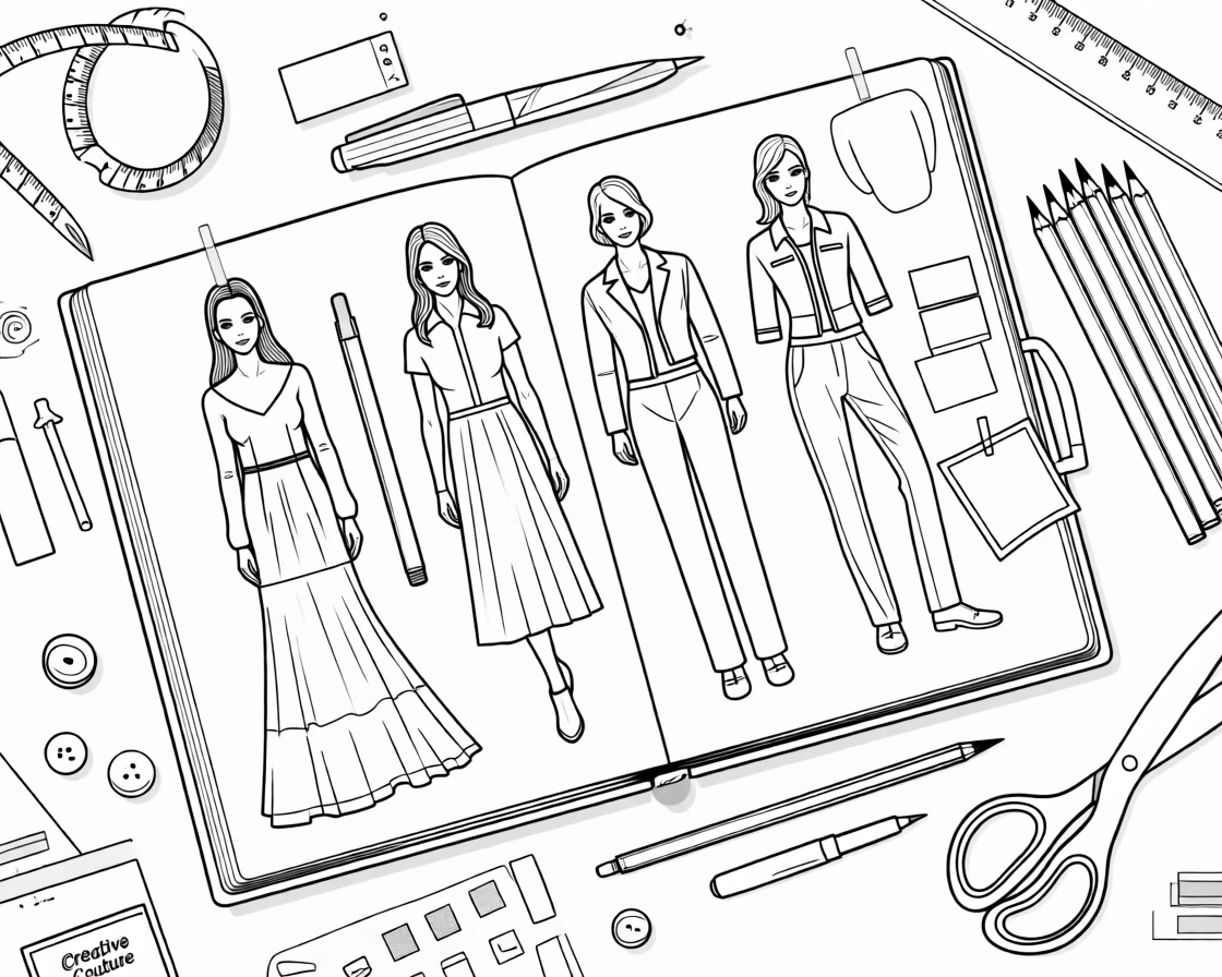 An open sketchbook filled with fashion design drawings, with tools and supplies scattered nearby.