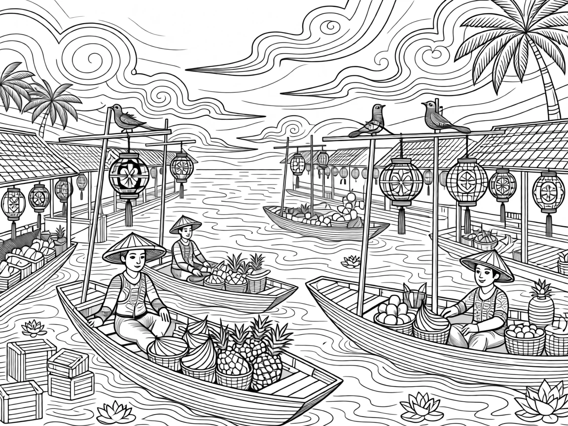 Colorful stalls of a floating market at dawn.