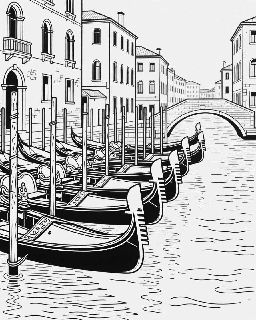 A row of gondolas docked along a Venetian canal