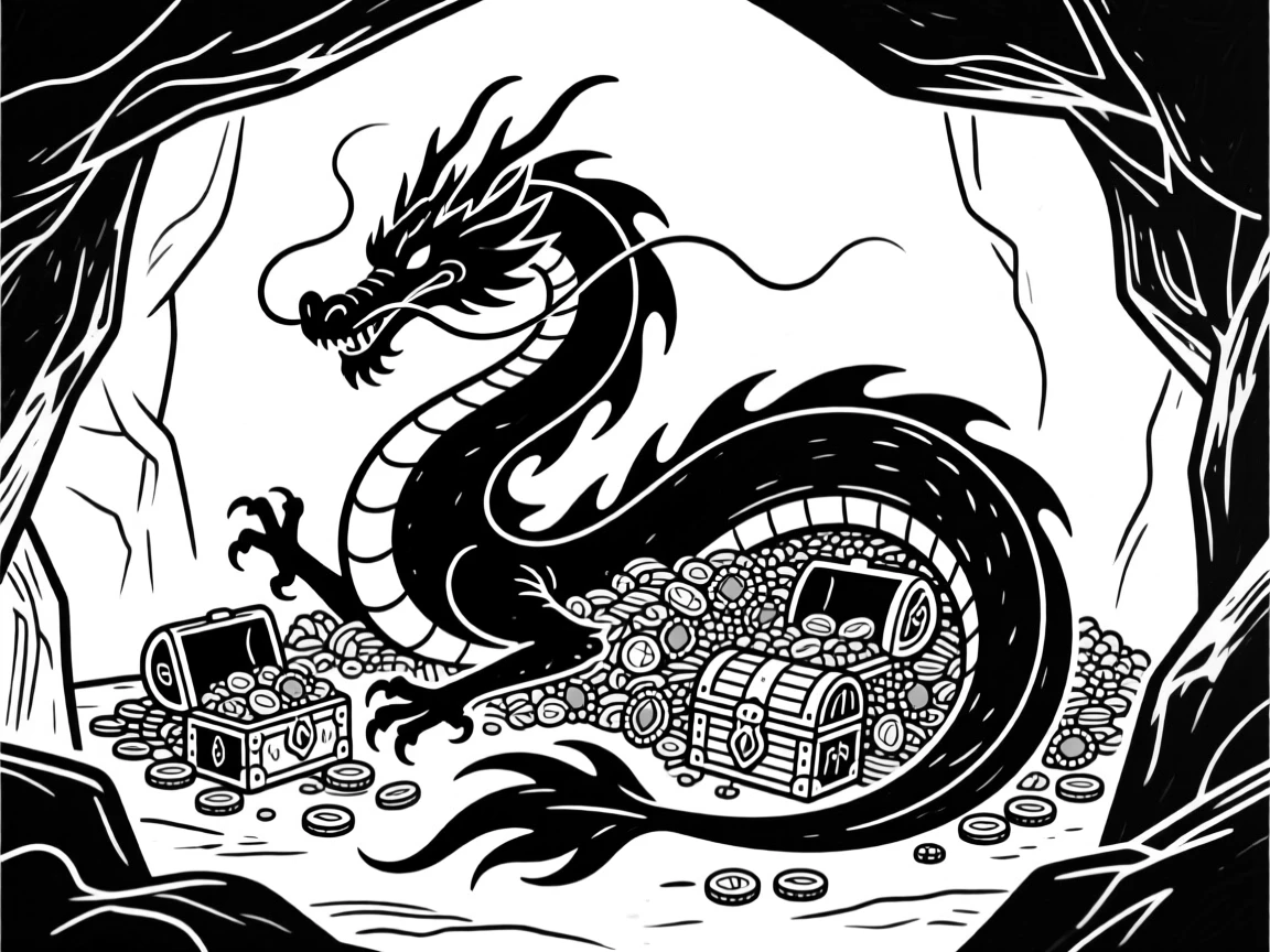 A dragon curled protectively around a massive treasure hoard in a cavern.