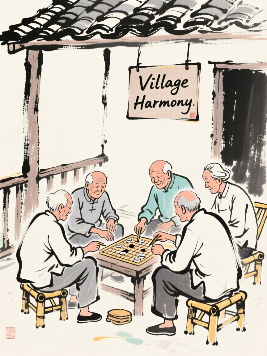 A group of elders playing a board game together on a village porch.