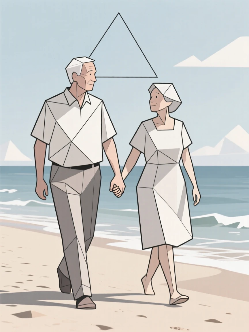An elderly couple walking hand in hand on a beach