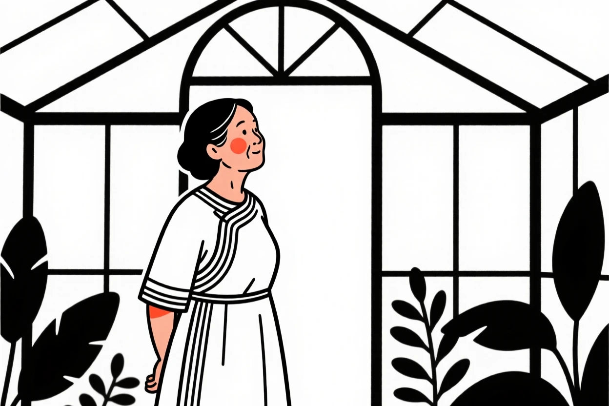 A middle-aged woman of Chinese heritage wearing an Ethiopian habesha dress, looking hopeful toward the horizon, in a botanical garden greenhouse.
