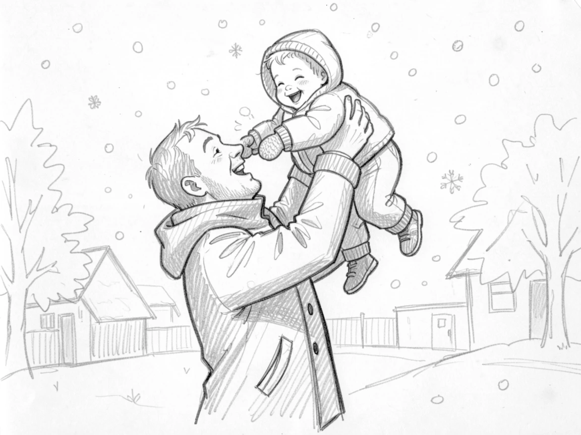 A father lifting his laughing toddler into the air, on a snowy winter morning, filled with warmth and laughter.