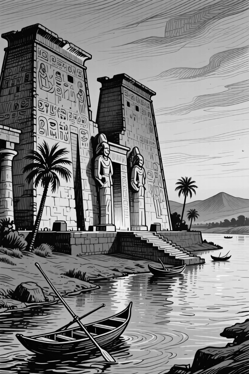 The ancient temples of Luxor lit softly at dusk along the Nile River.