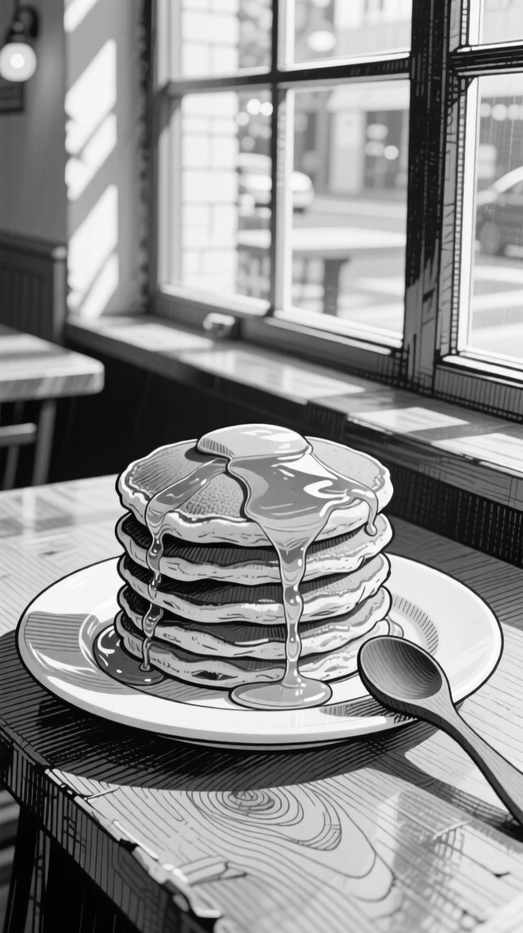 A stack of golden pancakes with syrup set in a sunlit cafe window, with a wooden spoon resting on the edge, presented in an elegant and inviting culinary still life.