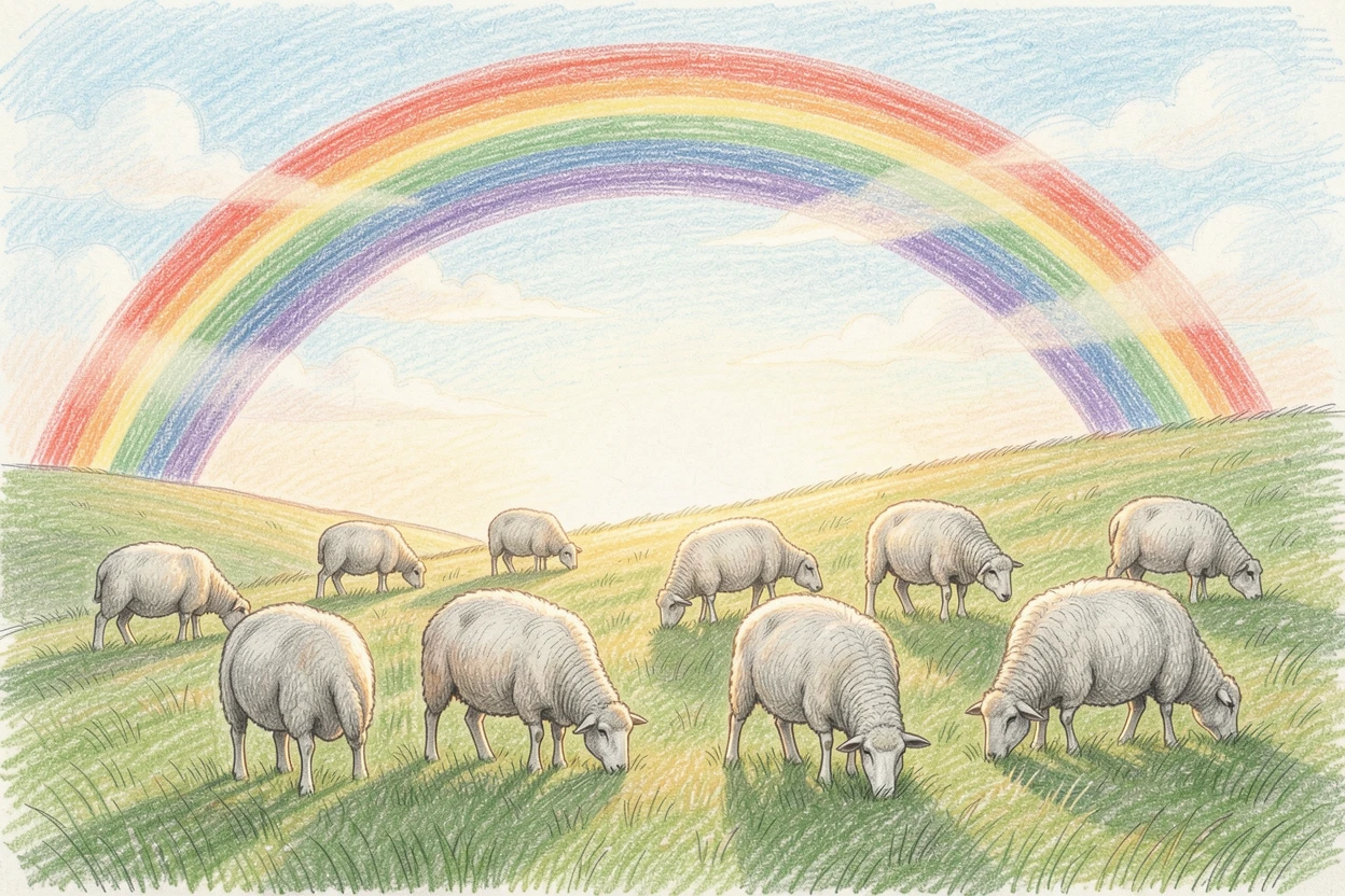 A flock of sheep grazing on a green hillside beneath a rainbow, bathed in the warm glow of golden-hour light, capturing a quiet story that lingers with the viewer.