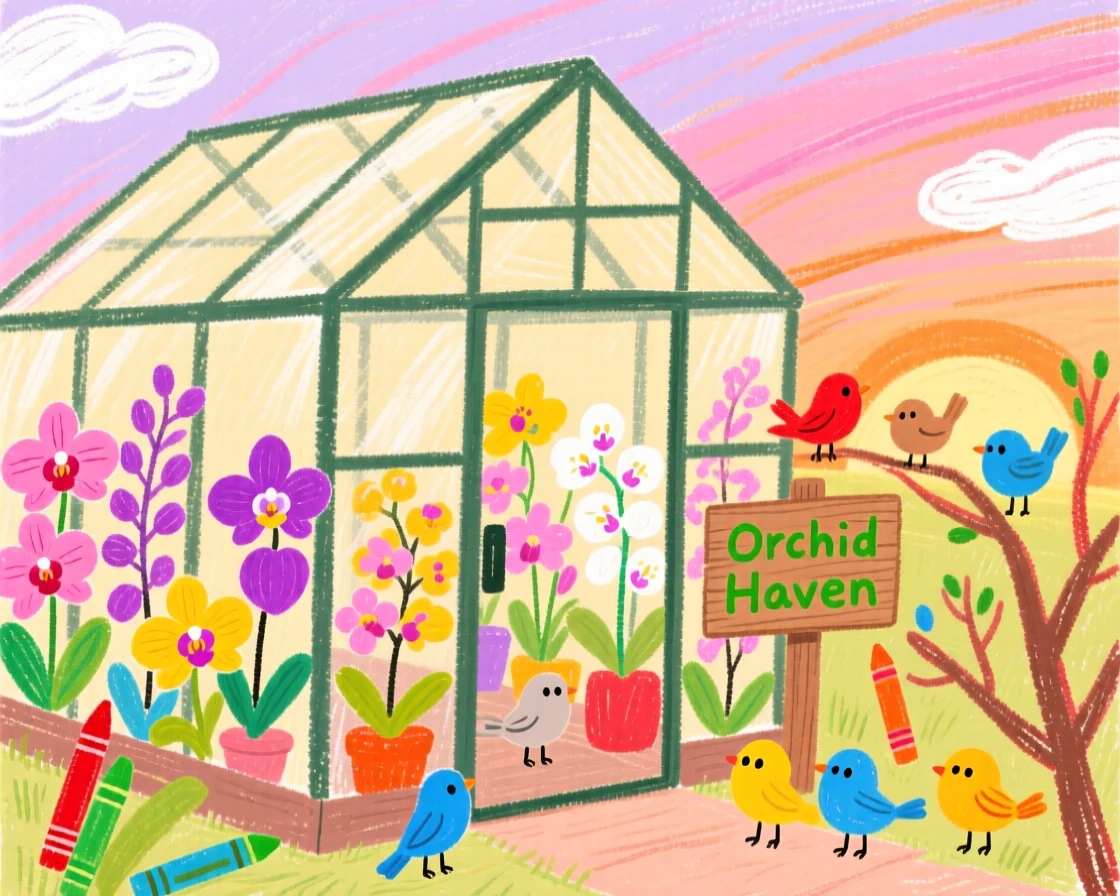 A view of a greenhouse full of orchids with birds gathering nearby at dawn.